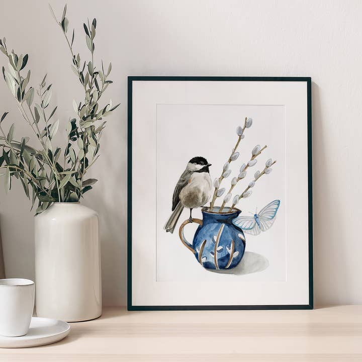 Chickadee and Blue Vase Fine Art Print for wholesale by Kasey Melissa Art