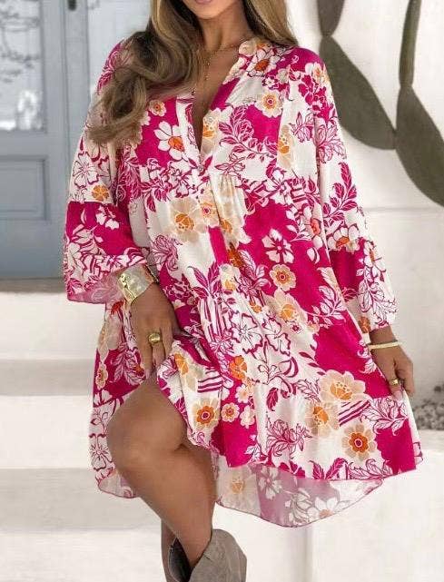 Kurt Muller – wholesale Dress – Women's – Pink & White Floral Smock Tunic Dress