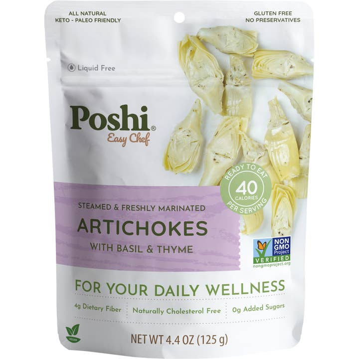 POSHI - Wholesale Pickled Vegetables - Poshi - Steamed & Marinated Artichokes - Basil & Thyme 4.4oz