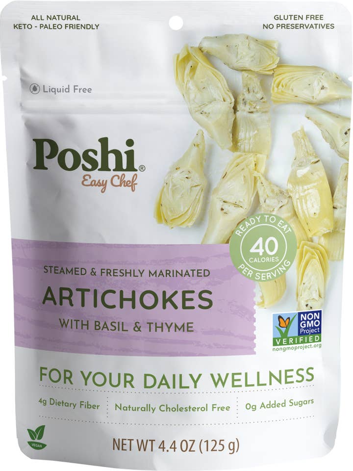 Poshi - Steamed & Marinated Artichokes - Basil & Thyme 4.4oz for wholesale by POSHI