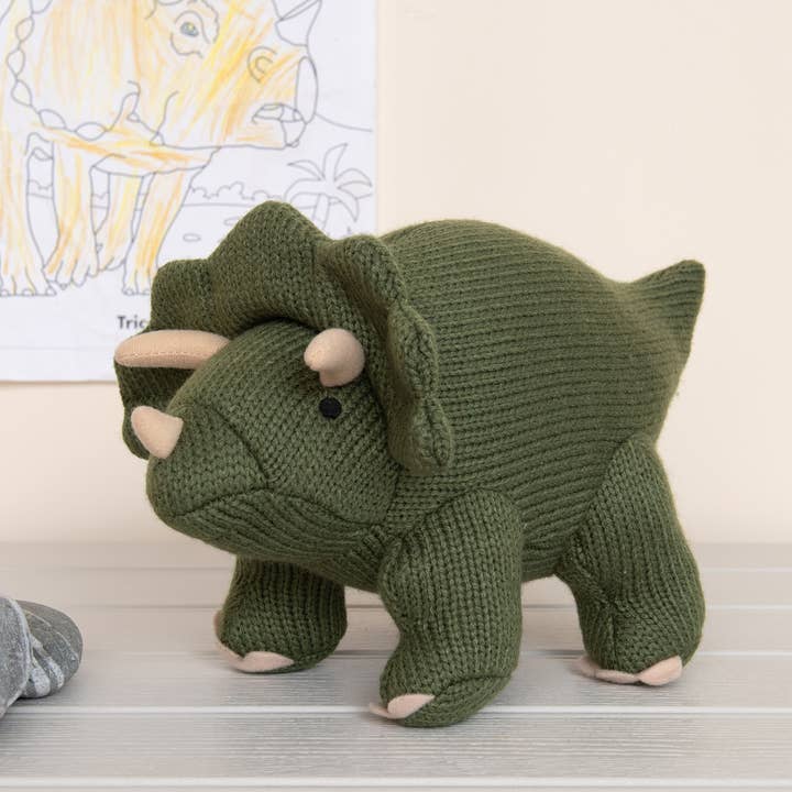 Best Years Ltd - Wholesale Stuffed/Plush Toy - Kids & Baby - Knitted Triceratops Dinosaur Teddy Soft Toy - Moss Green2