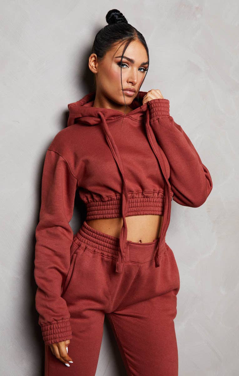 Femme Luxe – wholesale Lounge set – Women's – Rust Long Sleeve Crop Hoodie High Waisted Joggers Shirred Detail Fleece Loungewear Set - Costella8