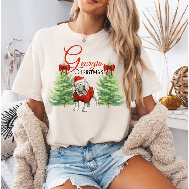 Georgia Christmas Comfort Color T-Shirt, Bulldog T-Shirt for wholesale by Posh Magnolia Boutique