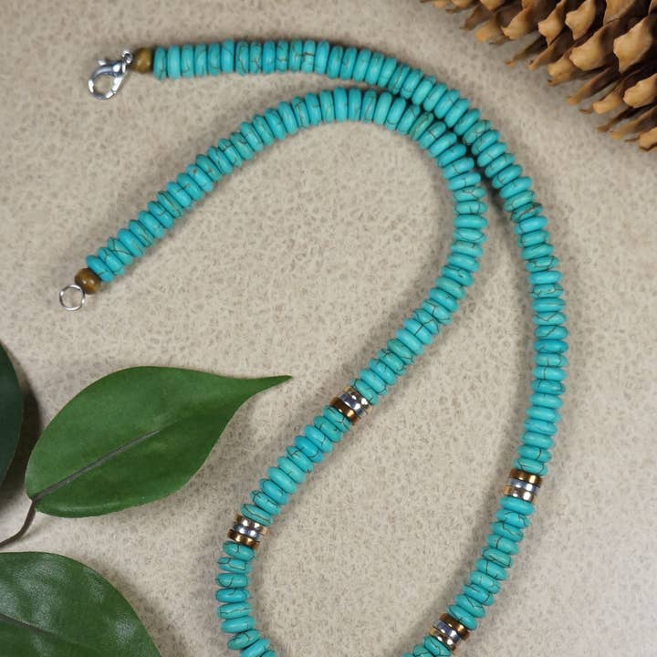 Unique Unisex Turquoise Gemstone Beaded Necklace, Tri Color Hematite Spacers, Unique Handmade Beaded Necklace, Length Choices, Gift for Him or Her for wholesale by Jewelry by Dawn
