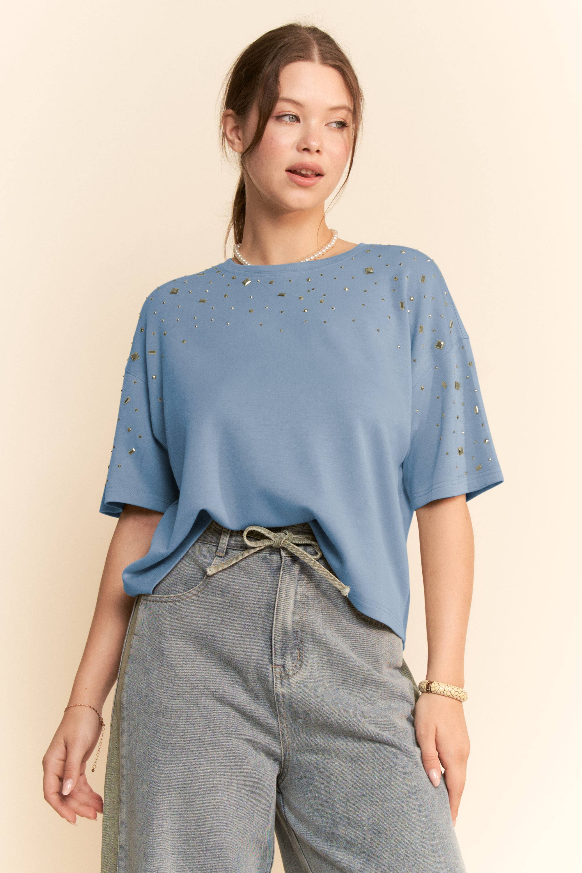 Davi & Dani – Großhandel Strickoberteil – Damen – HOTFIX BESATZ KURZARM LOOSE FIT OBERTEIL16