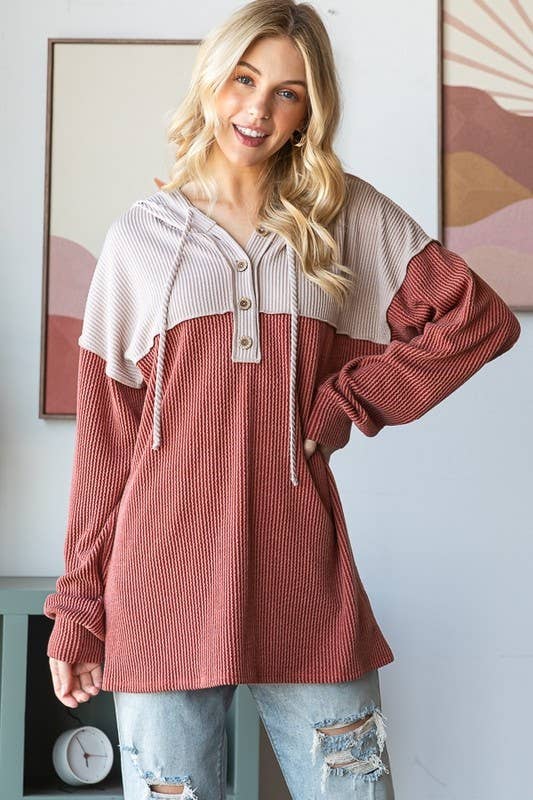 Sunday Morning – Großhandel Hoodie – Damen – T4577HE10-SOLIDE URBANE GERIPPTE KONTRAST-KAPUZENPULLOVER7