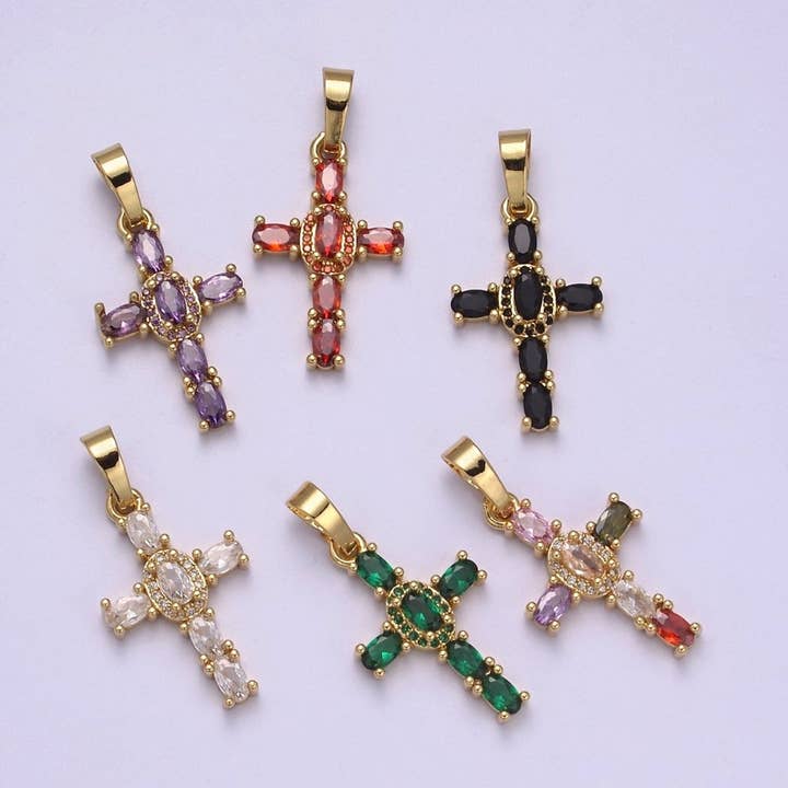 Multi Color CZ Cross Pendant, Holy Cross Charm Religious Minimalist Pendant in 24k Gold Fill I-031 I-082 I-083 I-091 I-104 N-537 for wholesale by Aim Eternal