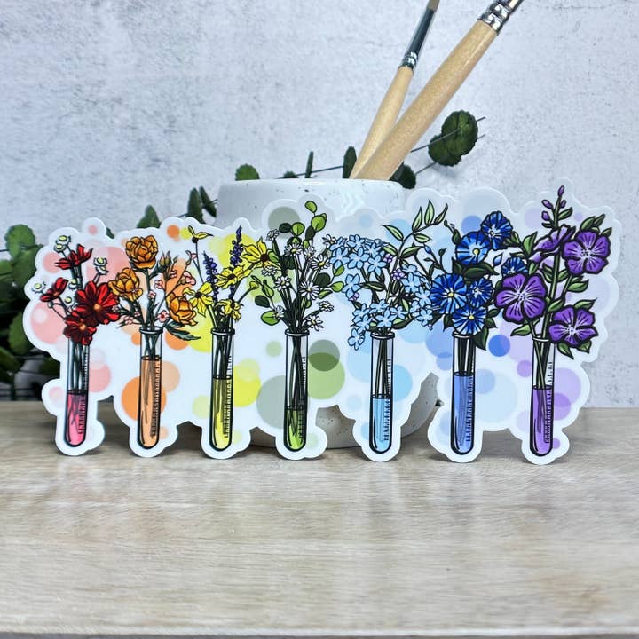Test Tube Rainbow Floral Vinyl Sticker for wholesale by Everyday H2O