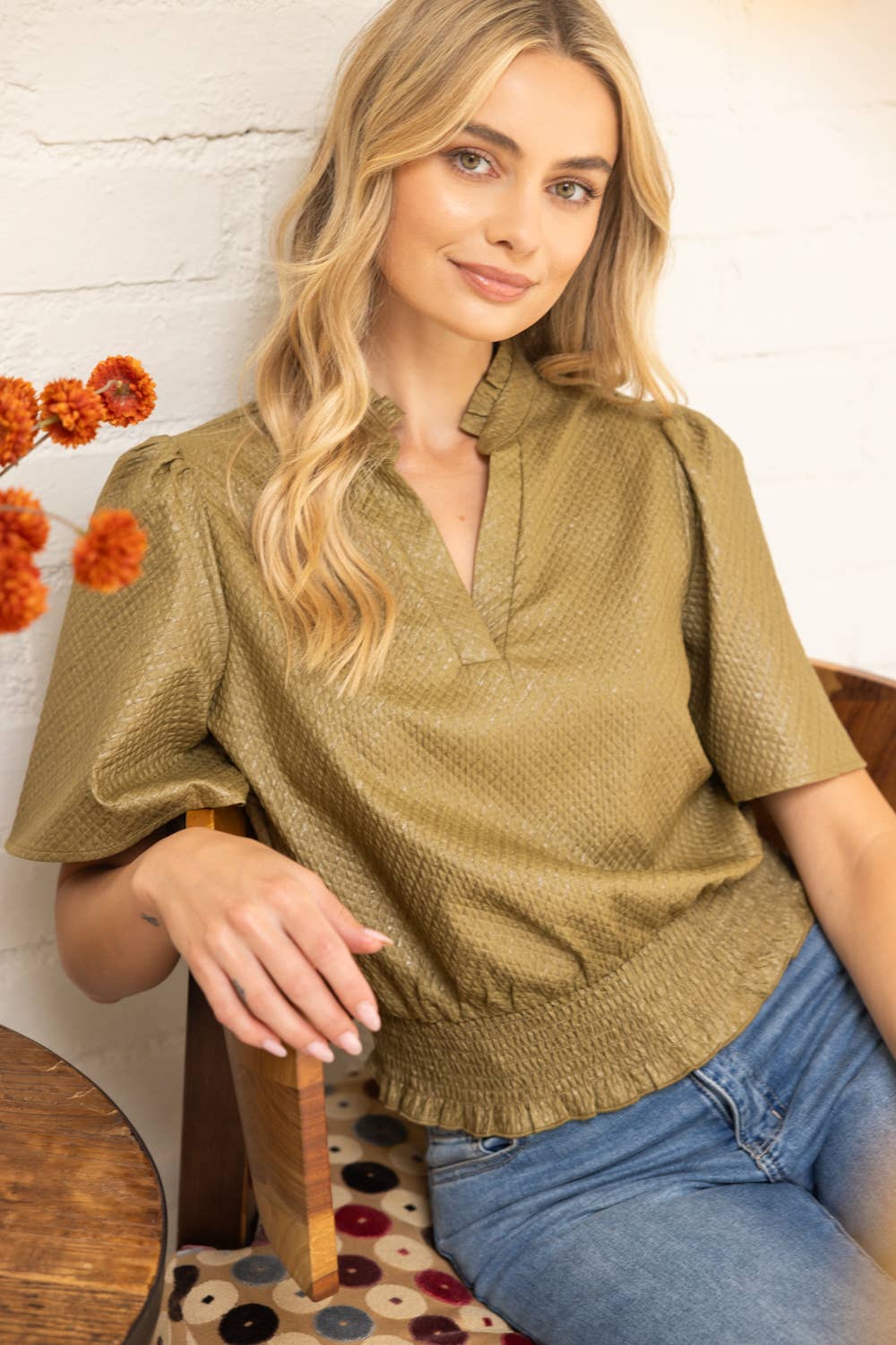 VOY - Wholesale Blouse - Women's - 35926 Smocked Hem and Solid Textured Top3