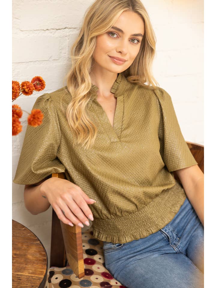 VOY - Wholesale Blouse - Women's - 35926 Smocked Hem and Solid Textured Top3