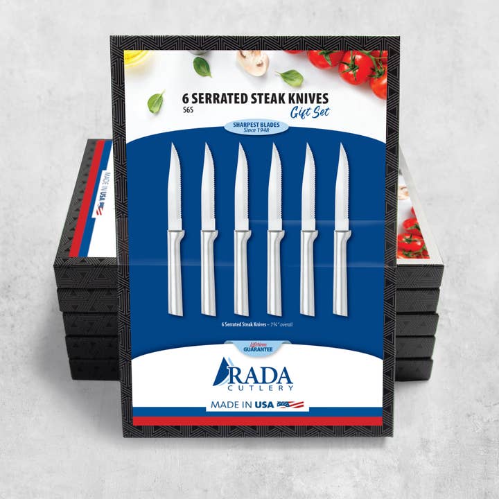 Silver Top Sheet 6-Pack: 6 Serrated Steak Knives Gift Set for wholesale by Rada Cutlery