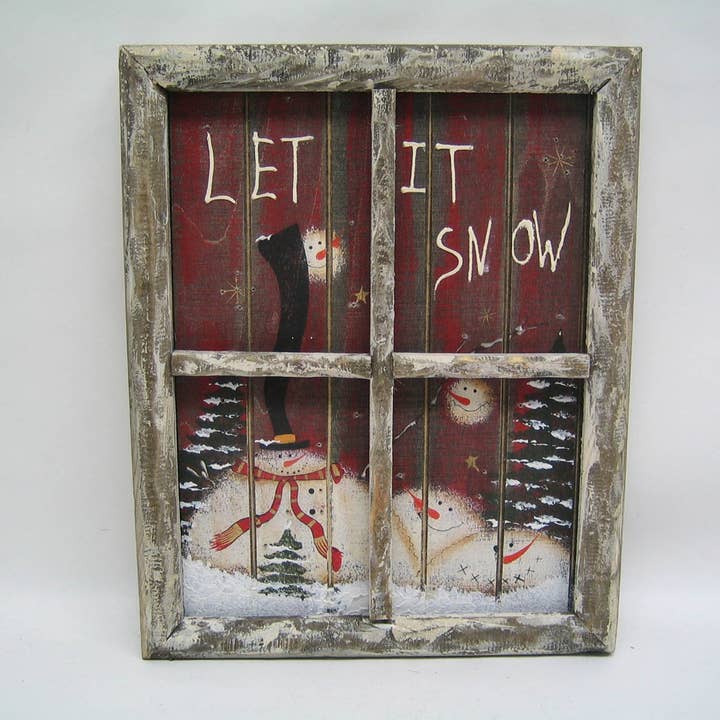 Wood Frame Window Scene with Snowmen Motif and LED Lights - 9.5" Tall for wholesale by Birch Maison
