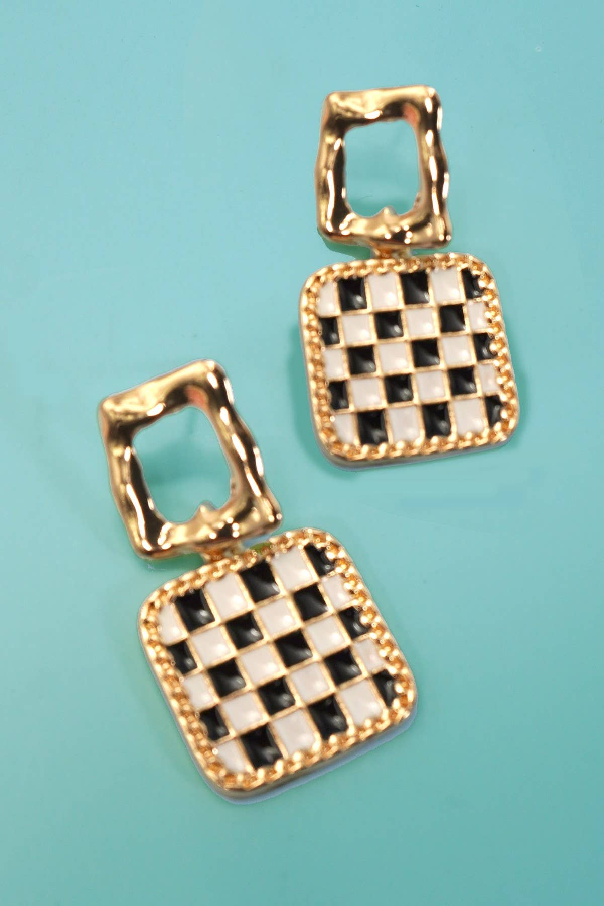 GOLD DOUBLE SQUARE CHEKER DROP EARRINGS | 80E6941 for wholesale on Faire1