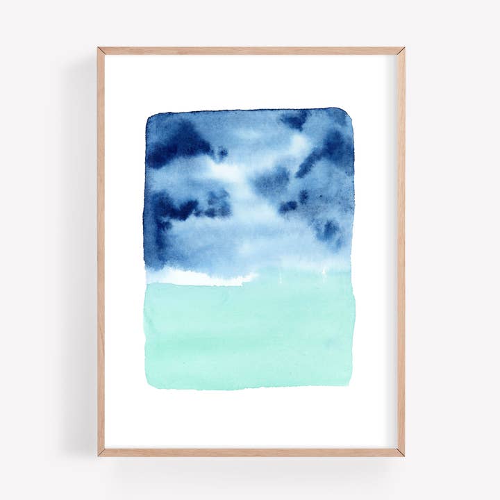 Impression d'art aquarelle de paysage de ciel orageux côtier pour la vente par Farmcliff Studio