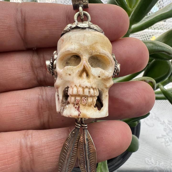 Bone carved Skull pendant set with coral , Handcrafted for wholesale by GTG Gems Corp
