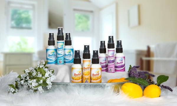 Flushie Pre Toilet Spray - Vente Désodorisant pour toilettes - Flushie Pré Toilette Spray-Assortiment 4 Paquet-Agrumes, Lavande, Lin, non parfumé 1oz2