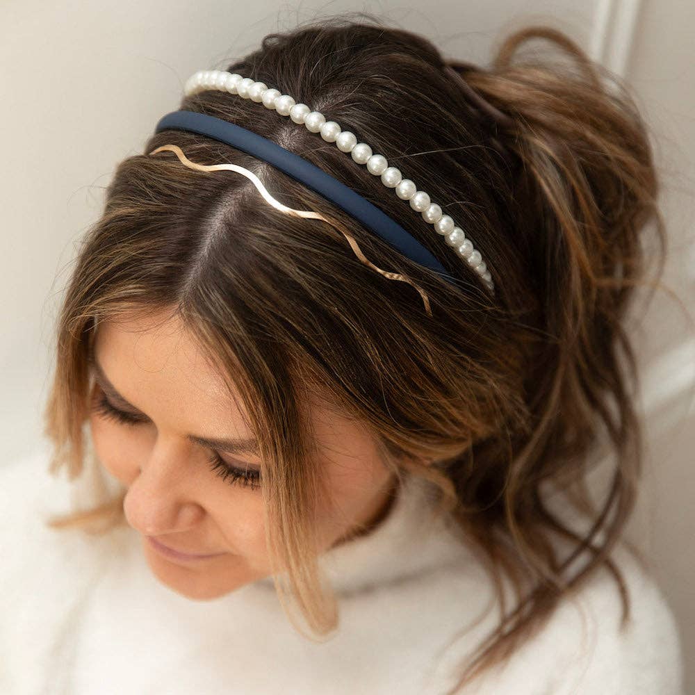 Headbands of Hope | One Purchased One Donated - Wholesale Fashion Headband - Women's - Headband Set of 3 - Blue + Pearl + Gold2