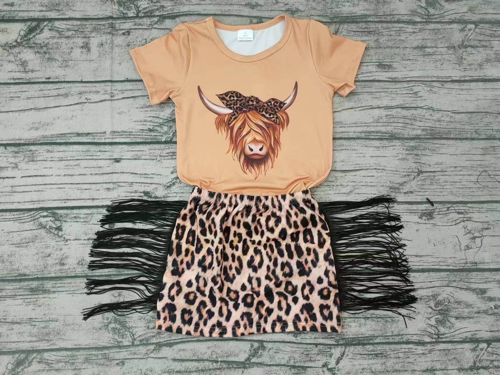 Aier Wholesale - Wholesale Top & Skirt Set - Kids - Baby Girls Cow Western Tassel Skirts Clothes Sets1