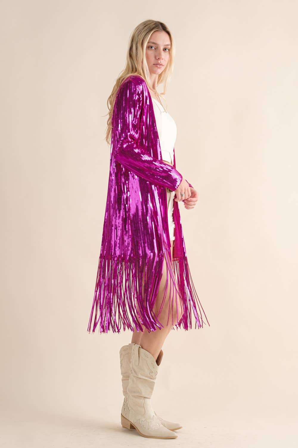 HOT PINK 32736J - Sequin Fringe Star Back Open Cardigan for wholesale on Faire4