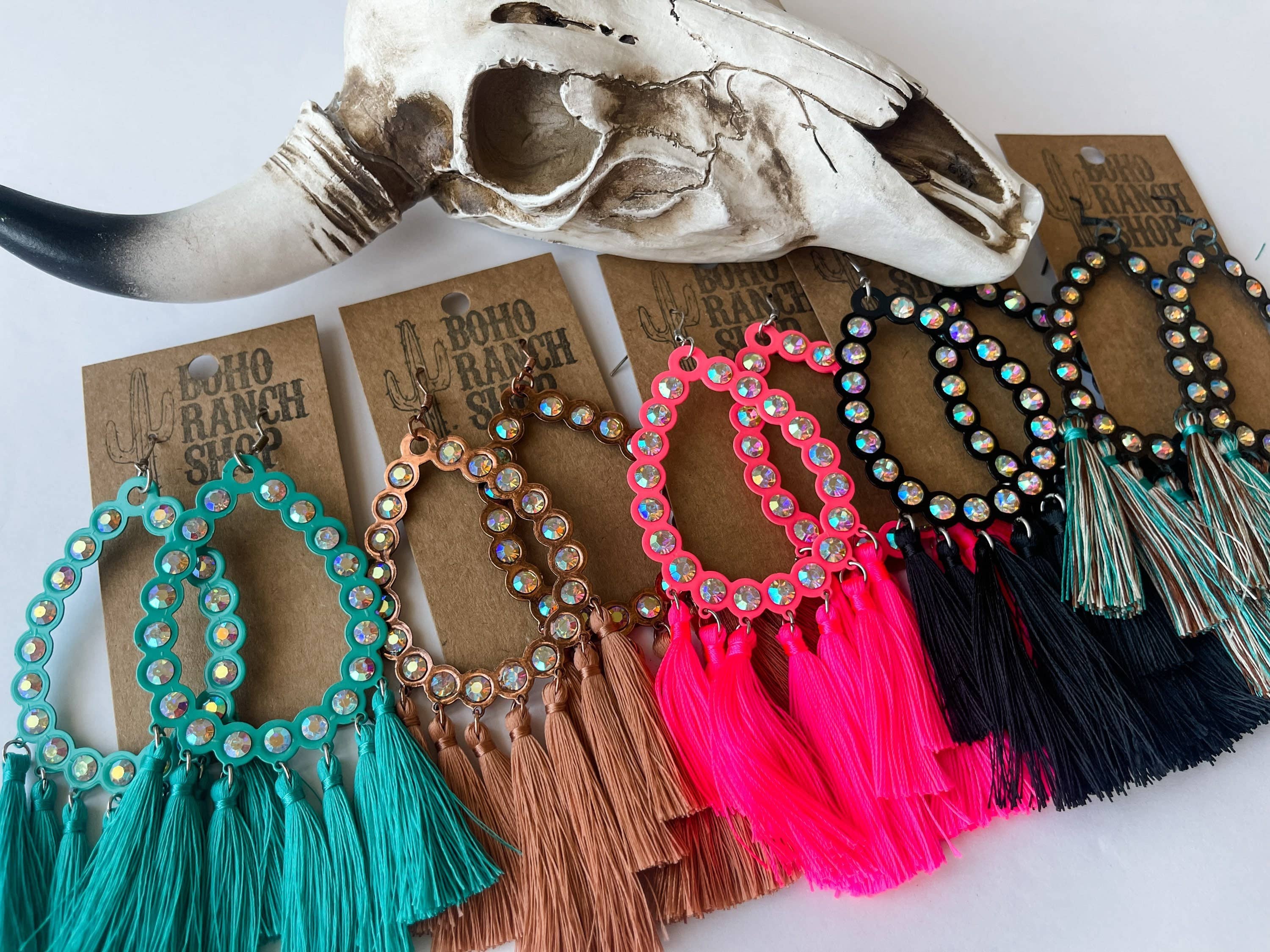 Boho Ranch Shop - Wholesale Tassel Earrings - Western Rhinestone Teardrop Tassel Earrings - LARGE7