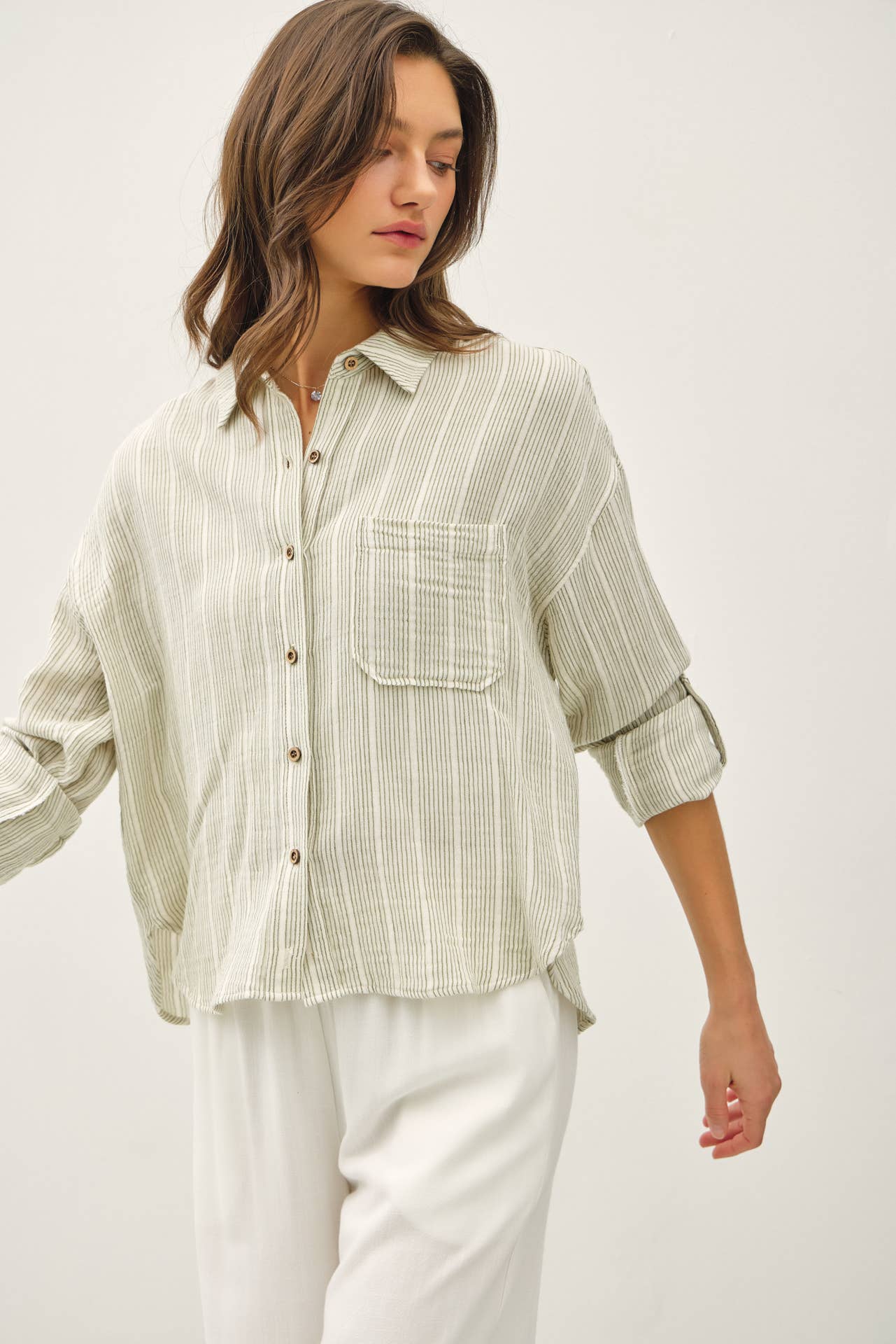 Be Cool - Wholesale Button Down Shirt - Women's - STRIPED, COTTON GAUZE BUTTON UP TOP10