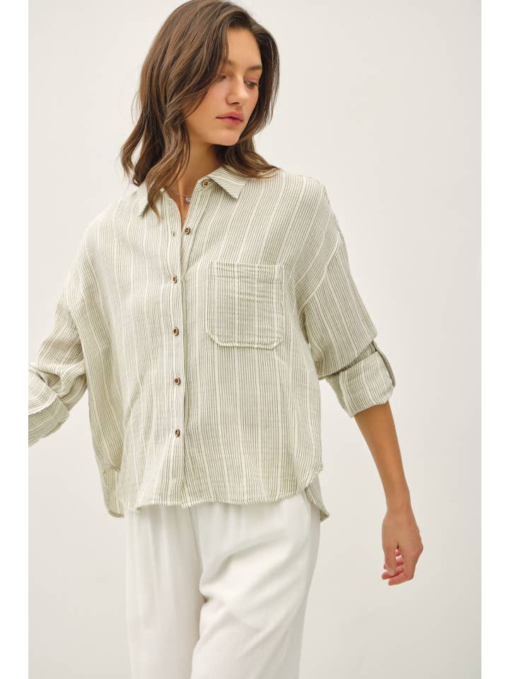 Be Cool - Wholesale Button Down Shirt - Women's - STRIPED, COTTON GAUZE BUTTON UP TOP10