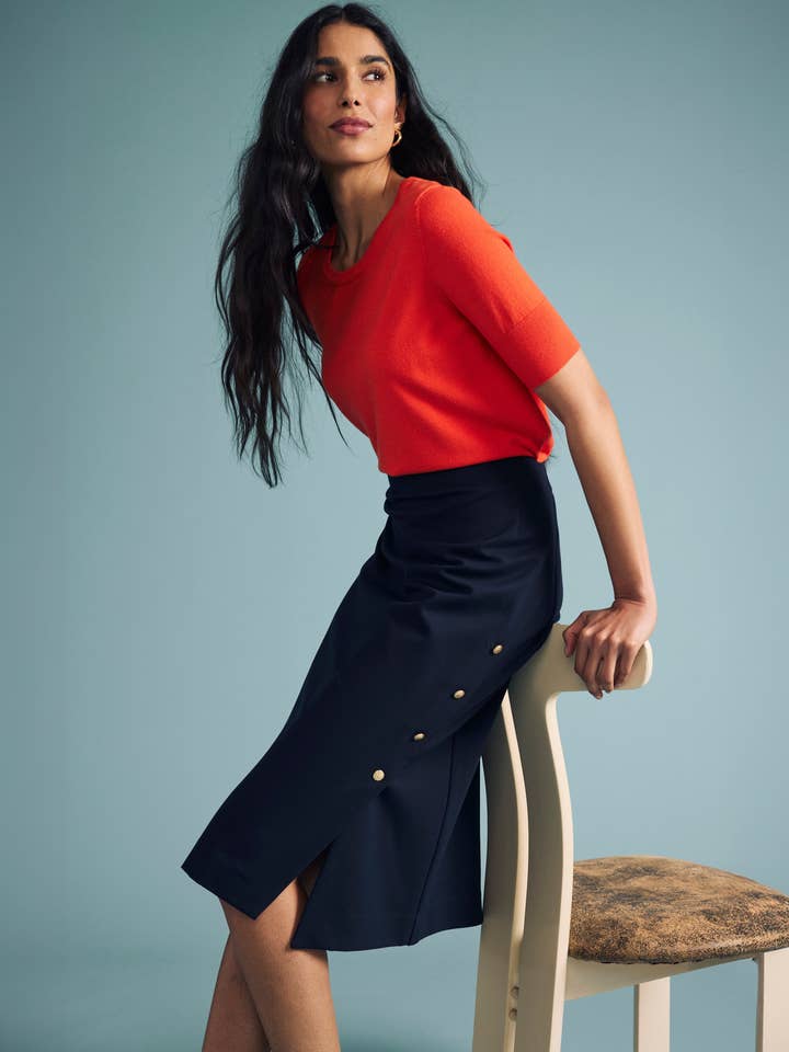Anya Ponte Skirt - Navy with Gold Buttons for wholesale by Universal Standard