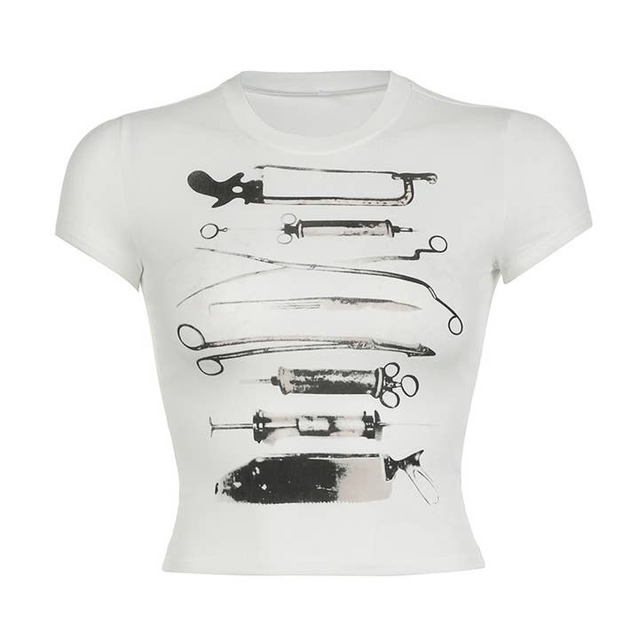 White Gothic Punk Women's Printed Round Neck Crop Top T-Shirt for wholesale on Faire3