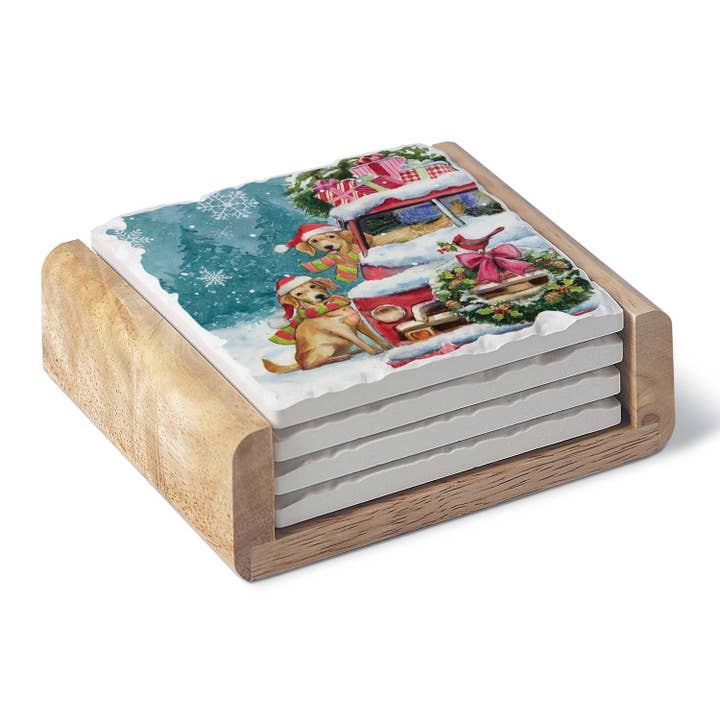 Christmas Buddies 4 Pack Stone Coasters in Wooden Holder for wholesale by Conimar Promotions