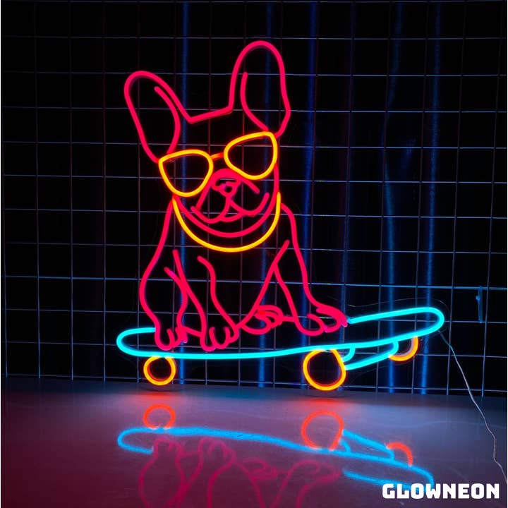 Bulldog On Skateboard Neon Sign, Skate Shop Decor, Dog Sign for wholesale by Glow Neon