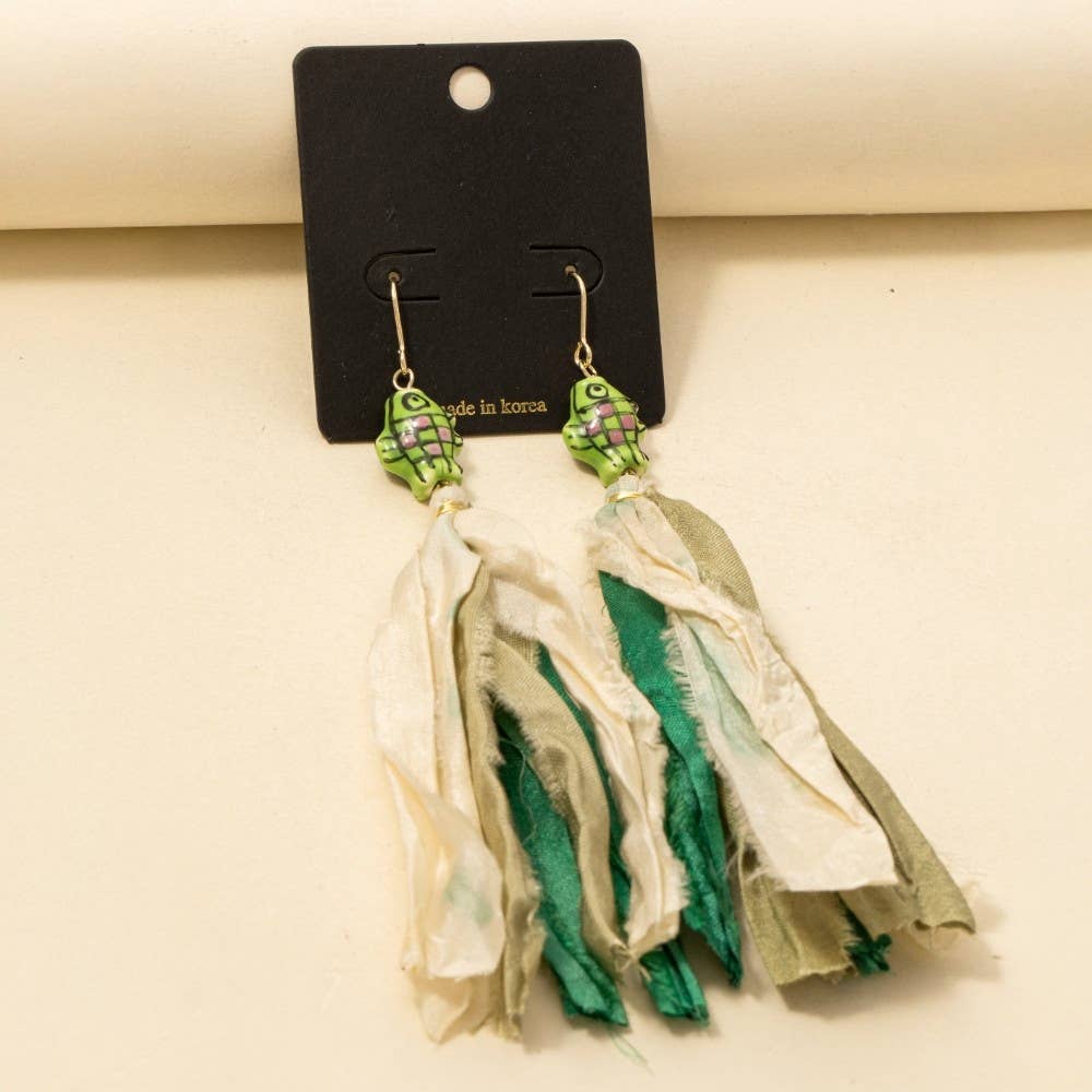 Anarchy Street - Wholesale Dangle Earrings - Ceramic Fish Multi Fabric Fringe Drop Earrings1