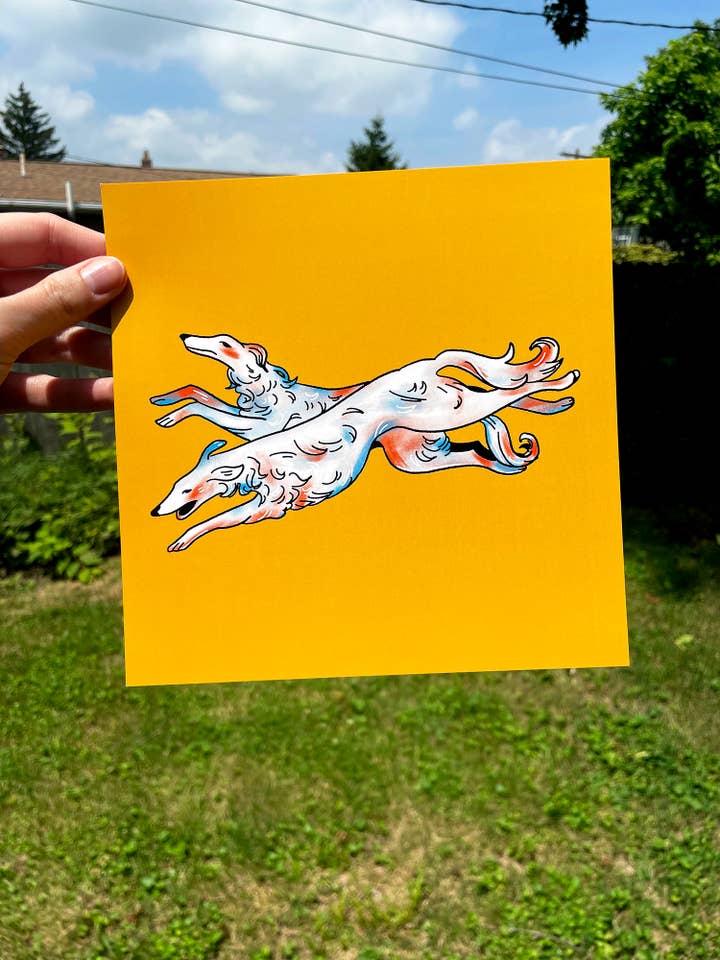 Running Barzoi | Impression artistique carrée pour chien de 8 x 8 pouces pour la vente par Beeftopia