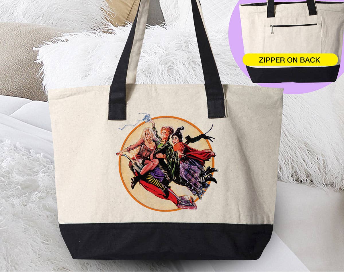 House Of Rodan – wholesale Tote bag – Women's – Hocus Pocus Flying - Halloween Canvas Zipper Tote Bag