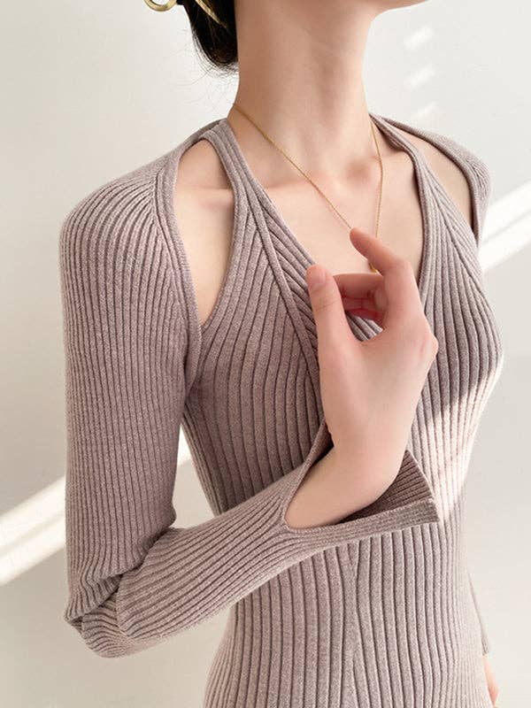 UZ Wholesale Store - Vente Robe – femme - Pull à col en V à manches longues et taille haute de couleur unie, creuses, robes midi12