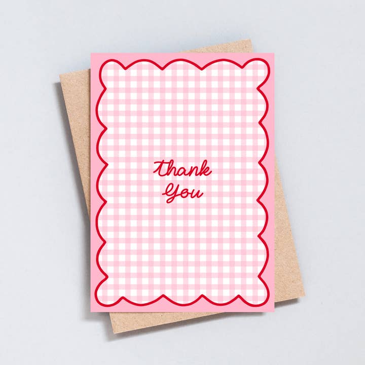 The Type Club – wholesale Thank you card – Pink Gingham Scalloped Thank You Card