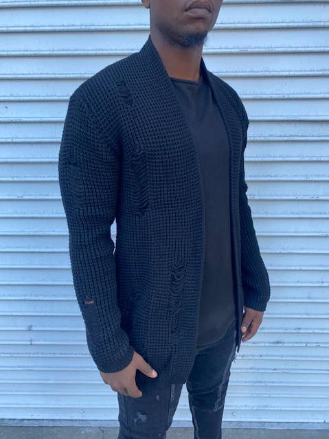 Mens Black Distress Fashion Cardigan for wholesale by Young Republic