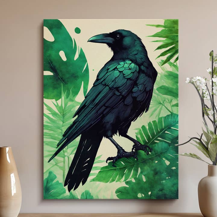 Tropische ravenkunstposter, weelderig groen, smaragdgroene illustratie, decoratie voor aan de muur voor wholesale door FreakyTeeFactory