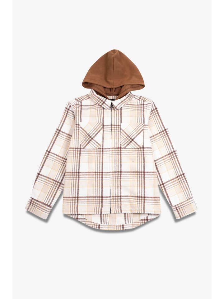 Cream Kids Flannel Hooded Zip Shacket for wholesale on Faire
