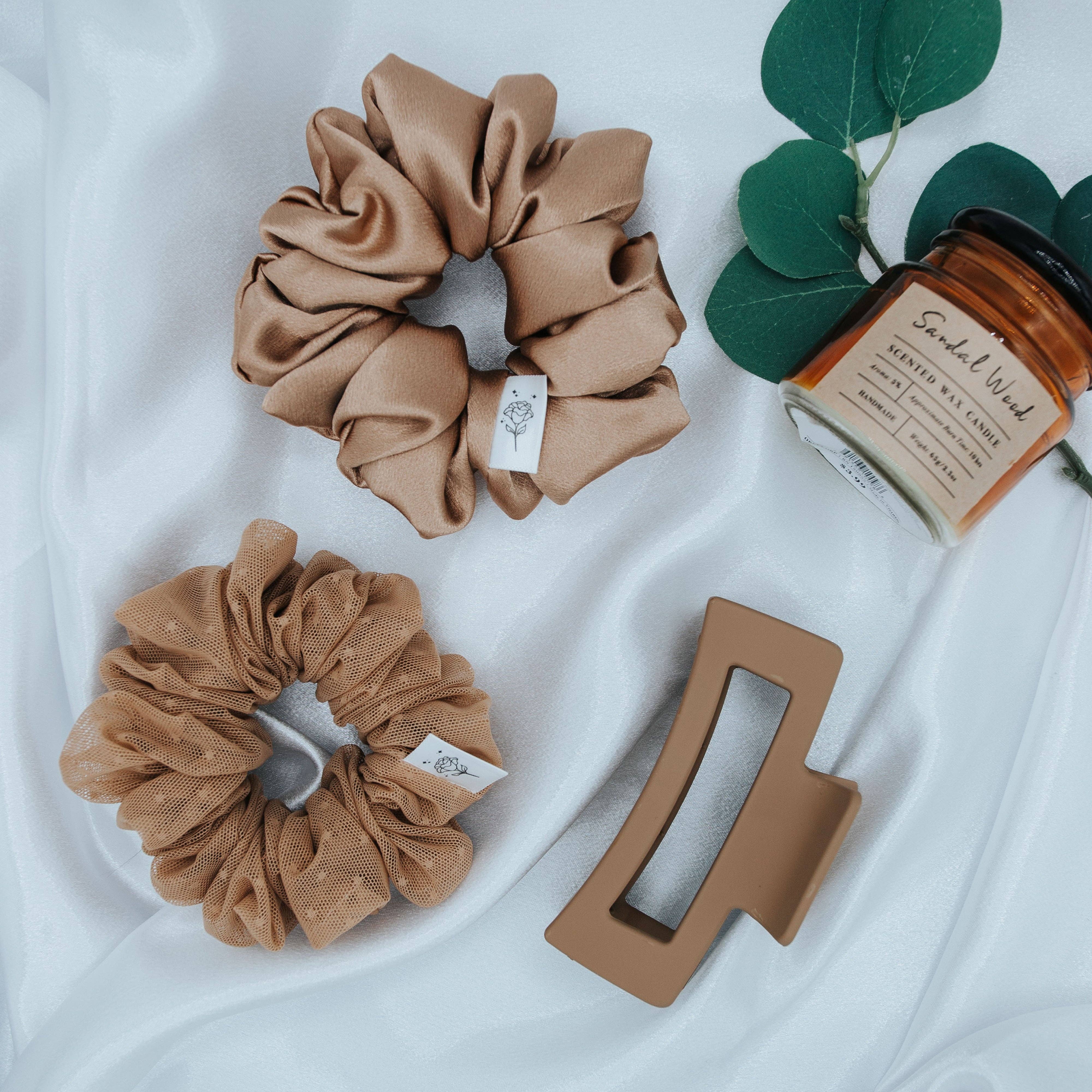 Wild Rose Accessories – wholesale Scrunchie - Dam – Tan Satin Scrunchie4