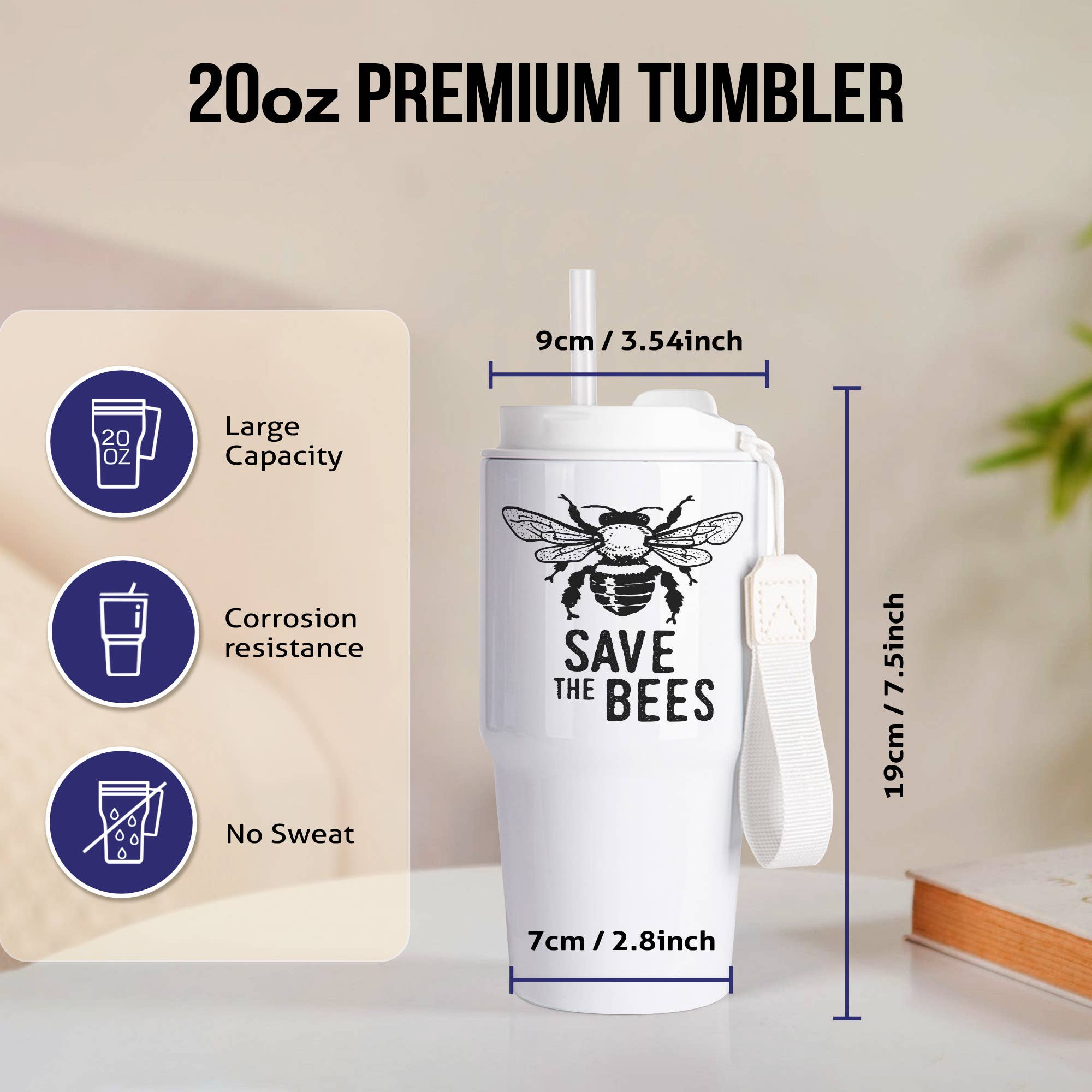 3dRose - Wholesale Insulated Mug/Tumbler - 3dRose, Save the Bees with a bee. Bold black lettering on white background., Tumbler1