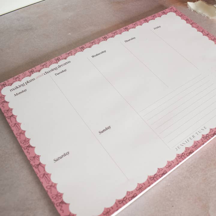 Jennifer Tune - Wholesale Notepad - Pink A4 Weekly Planner Pad with Bows Design2