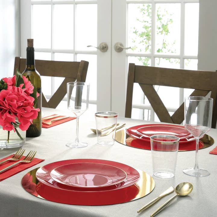 Luxe Party - Wholesale Disposable Plate - Red • Gold Round Plastic Plates | 10 Pack