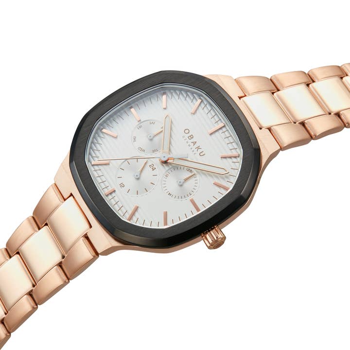 Mænds roséguld & sort ottekantet armbånd kvartsur for engroshandel hos Obaku Denmark Watches