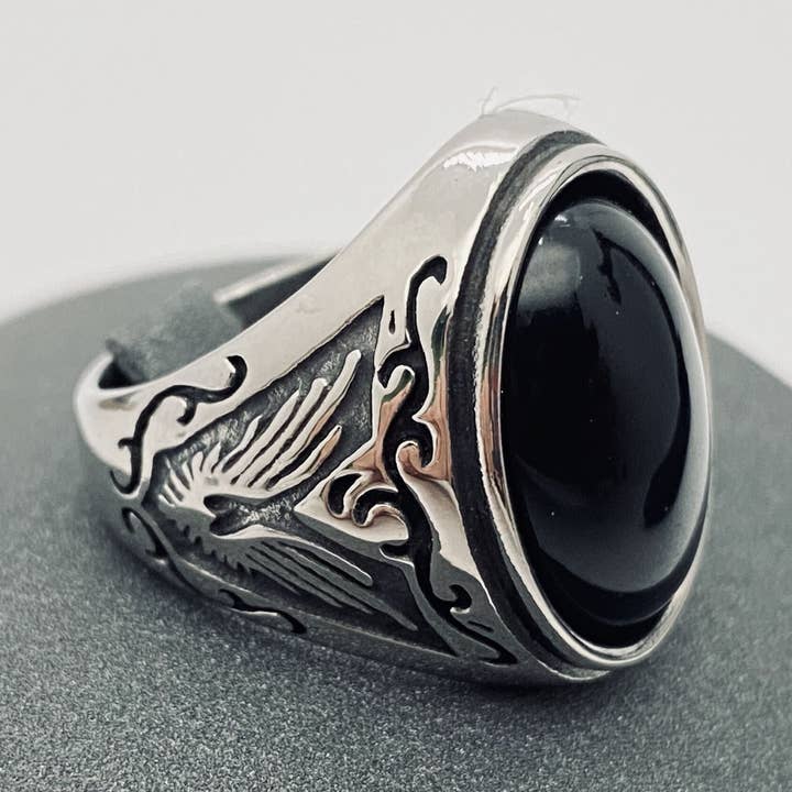 Mio Queena - Wholesale Signet Ring - Men's Stainless Steel Engraved Ring with Black Stone - MJ/MR4