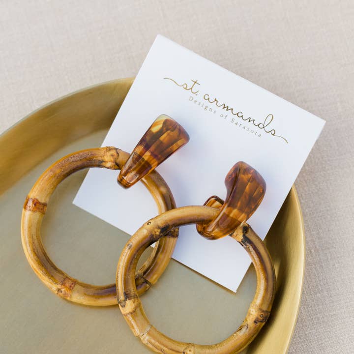 St Armands Designs of Sarasota - Wholesale Dangle Earrings - Dark Brown Bamboo Statement Drop Earrings