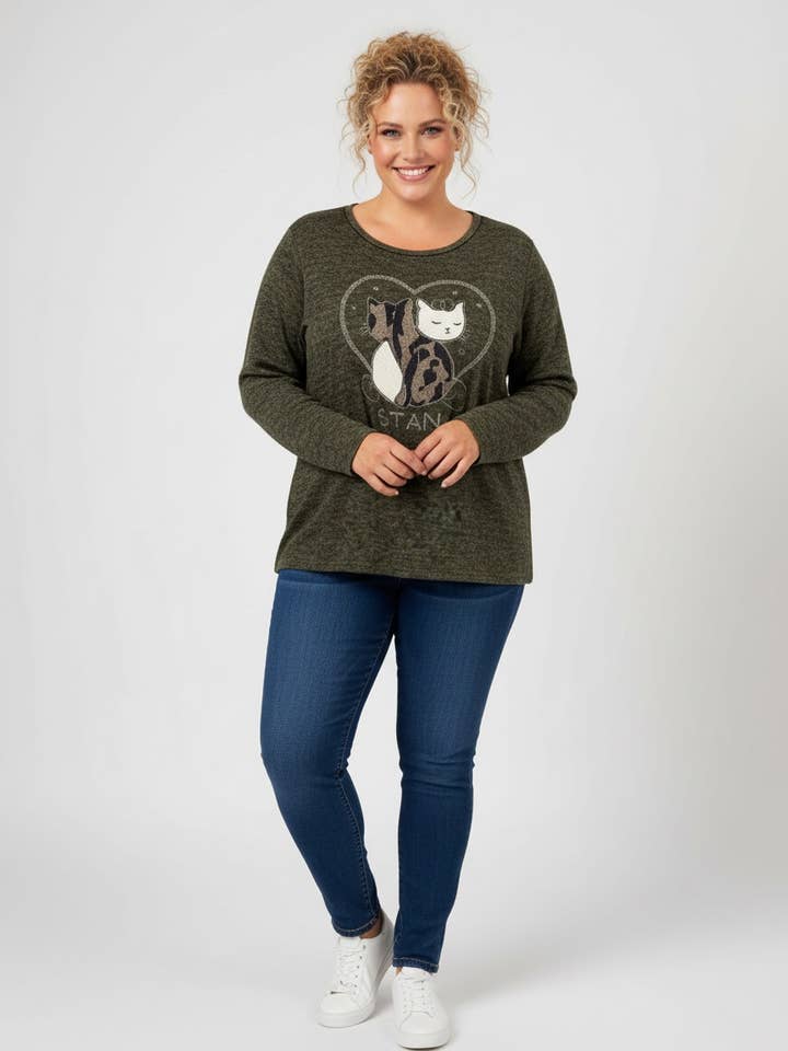 Pull grande taille kaki motif chat (T9818A) pour la vente par Pomme Rouge Paris