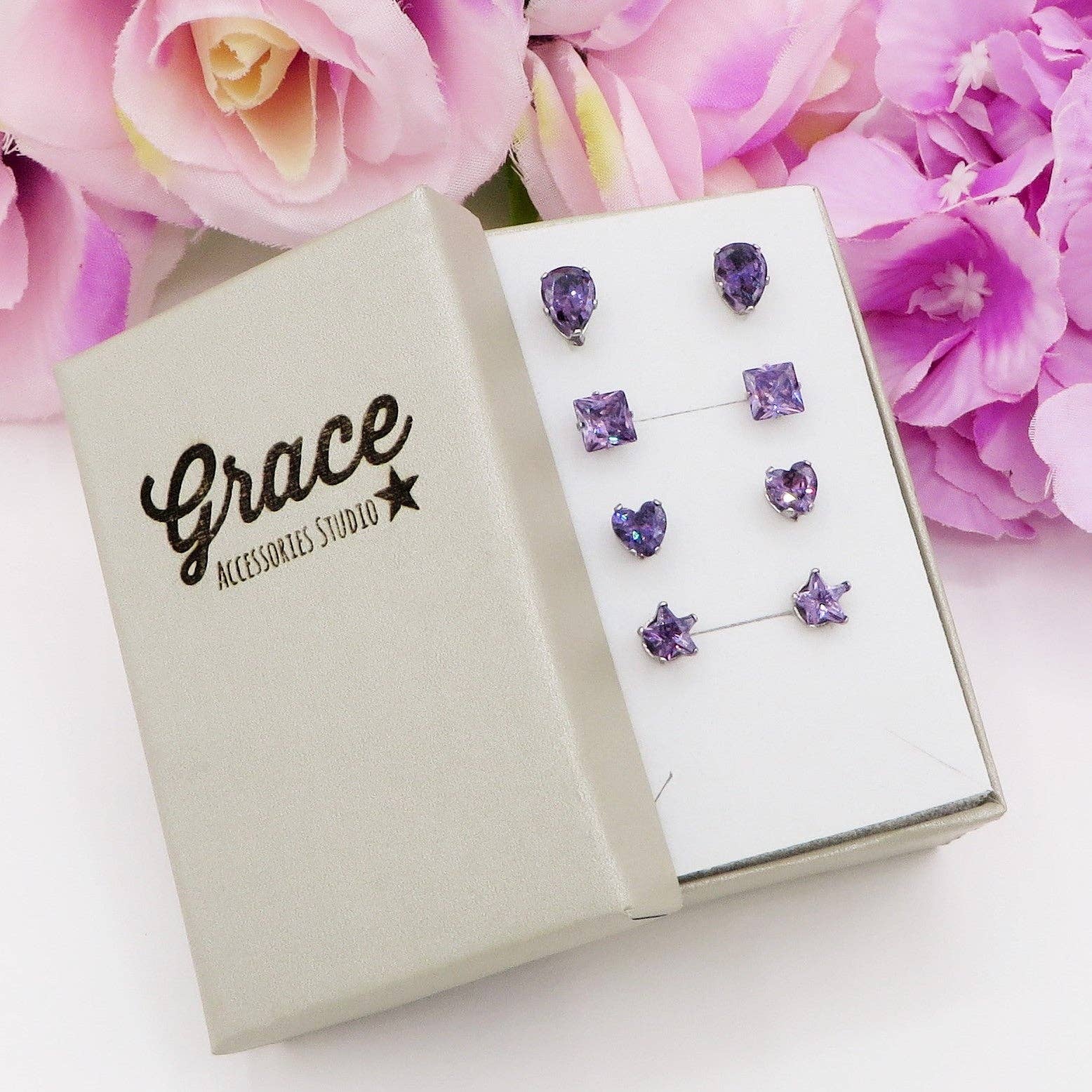 Daemon srls - Wholesale Jewelry Set - SET 4 PAIA PUNTI LUCE SHINE colours ~ 4 forme punti luce acciaio inossidabile ~ 8 PZ ~ 12 varianti colore ~ Orecchini a lobo con zirconi5