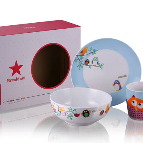 Silly Design – Großhandel Geschirrset – Kind & Baby – Frühstücksset, Geschirr Eulen, Porzellan, 3tlg.