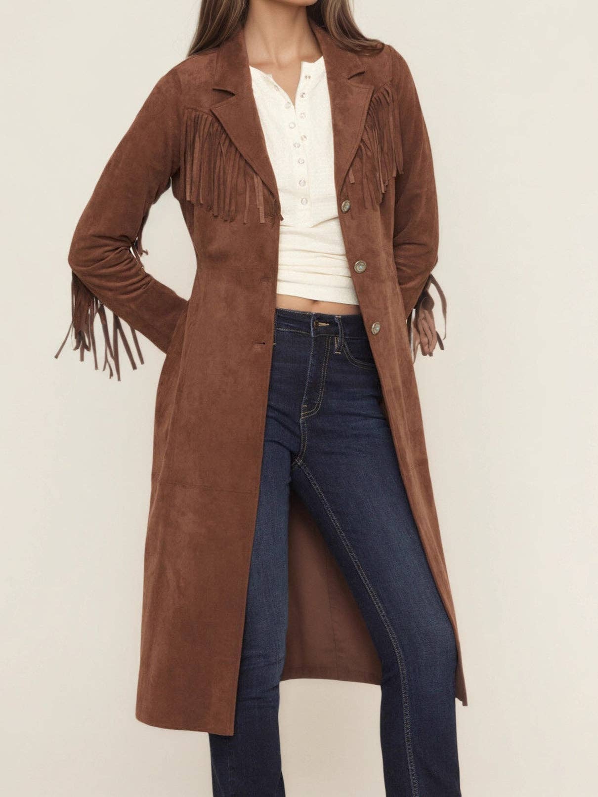 Brun Faux pelsfrakke med hakkrave og lange frynser til kvinder N5A066 for engroshandel på Faire