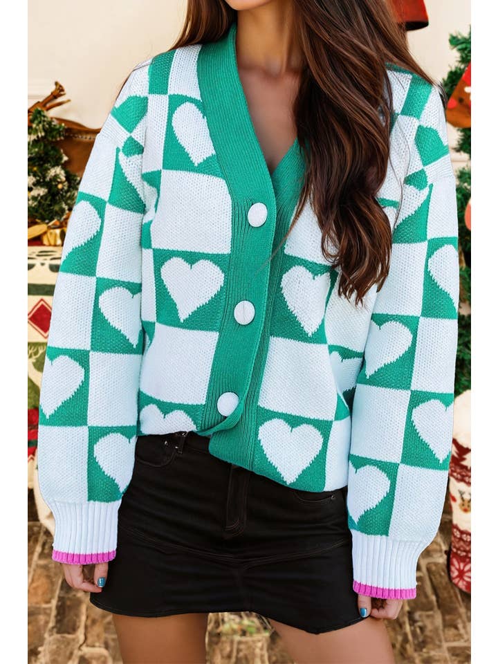 Sea Green Valentine Heart Checkered Pattern V Neck Knit Cardigan for wholesale on Faire